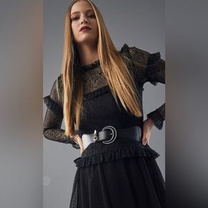 New Francesca’s Tammie Ruffle Trim Lace Black Top